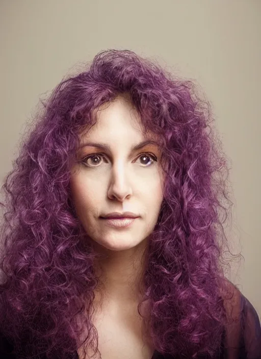 Prompt: portrait of a woman, symmetrical face, violet curly hair, she has the beautiful calm face of her mother, slightly smiling, ambient light