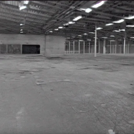 Image similar to insecam cctv footage of an abandoned mannequin warehouse, monochromatic, grainy and blurry vhs footage