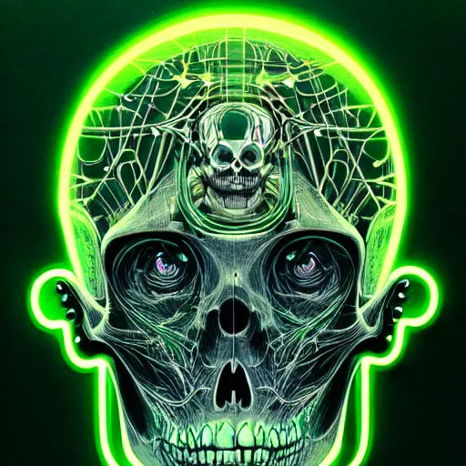 Image similar to portrait top light, by killian eng and joe fenton and martin deschambault and conrad roset, inspired by a cyber skeleton, neon green and grey only, etching and paint wash, fine sharp high detail,