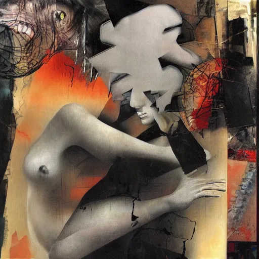 Image similar to tango, collage and oil on canvas by dave mckean and yoshitaka amano