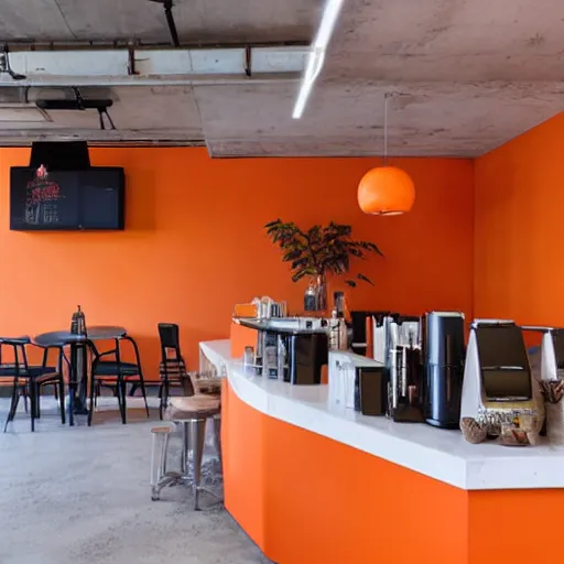 Image similar to a modern coffee shop interior, with orange walls, the entire coffee shop is designed after foxes, realistic photo