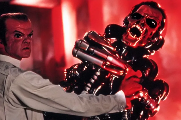 Image similar to Jack Nicholson plays Terminator, his one yes glow red, scene where his endoskeleton is exposed, still from the film