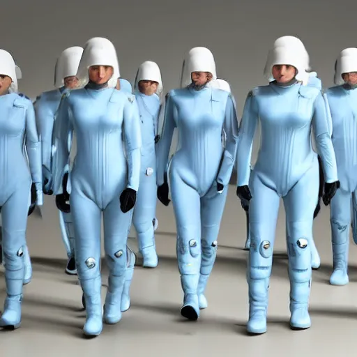 Image similar to troop of 9 0 year old women with white bob hairdos, tight light blue neopren pilot suits, futuristic cloning facility, sci - fi, highly detailed, cinematic