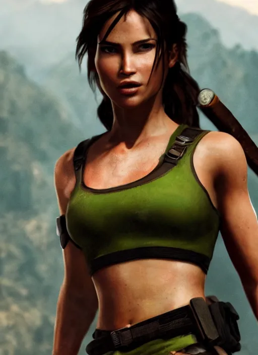 Prompt: a film still of lara croft wearing kimono, her face sweat, direct sun light, close up potrait, dramatic, cinematic,