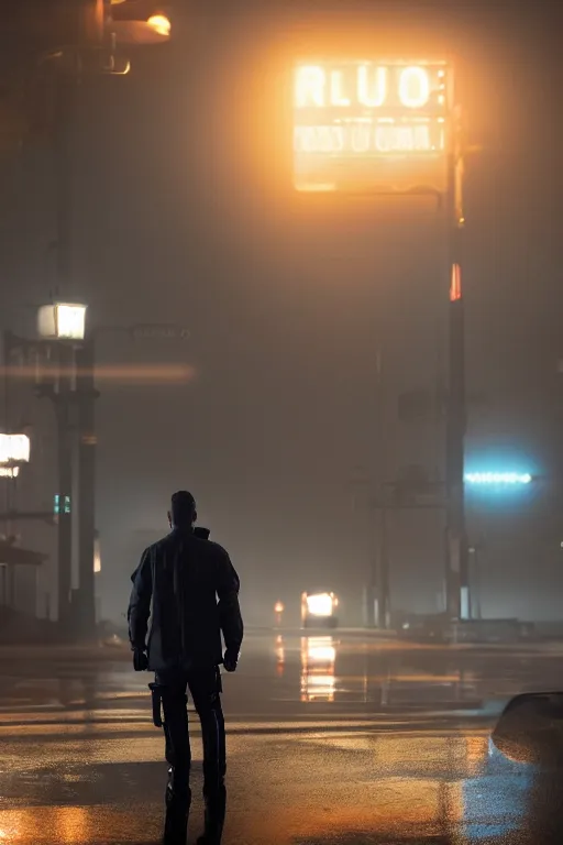 Image similar to Bladerunner 2049 still police officer standing next to white patrol car midnight crossed arms dark night orange street lamps. Bladerunner 2049 (2017) film. style of Roger Deakins Jeremy Saulnier Newton Thomas Sigel Robert Elswit Greig Fraser trending rtx on ue5. 35mm Kodak Vision 2383 gritty atmospheric