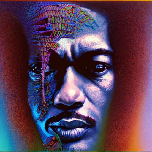 Image similar to ultrawide angle colour masterpiece surreal closeup portrait photography of jimi hendrix playing on stage by miho hirano and annie leibovitz and michael cheval, weird surreal epic psychedelic complex biomorphic 3 d fractal landscape in background by kilian eng and roger dean and salvador dali and beksinski, 8 k