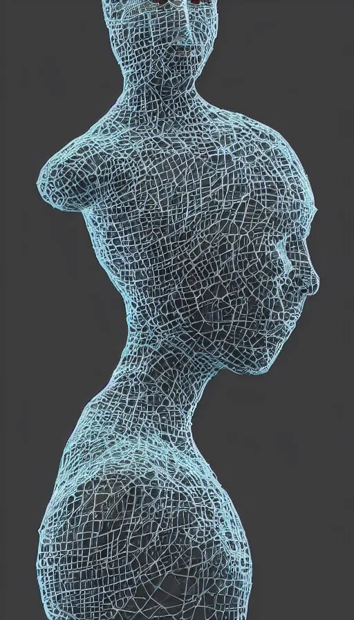 Image similar to a one woman with a futuristic mask on her face, a surrealist sculpture by alexander mcqueen, trending on pinterest, plasticien, biomorphic, made of plastic, a computer rendering by bedwyr williams, featured on zbrush central, holography, multiple exposure, glitch art, glitchy