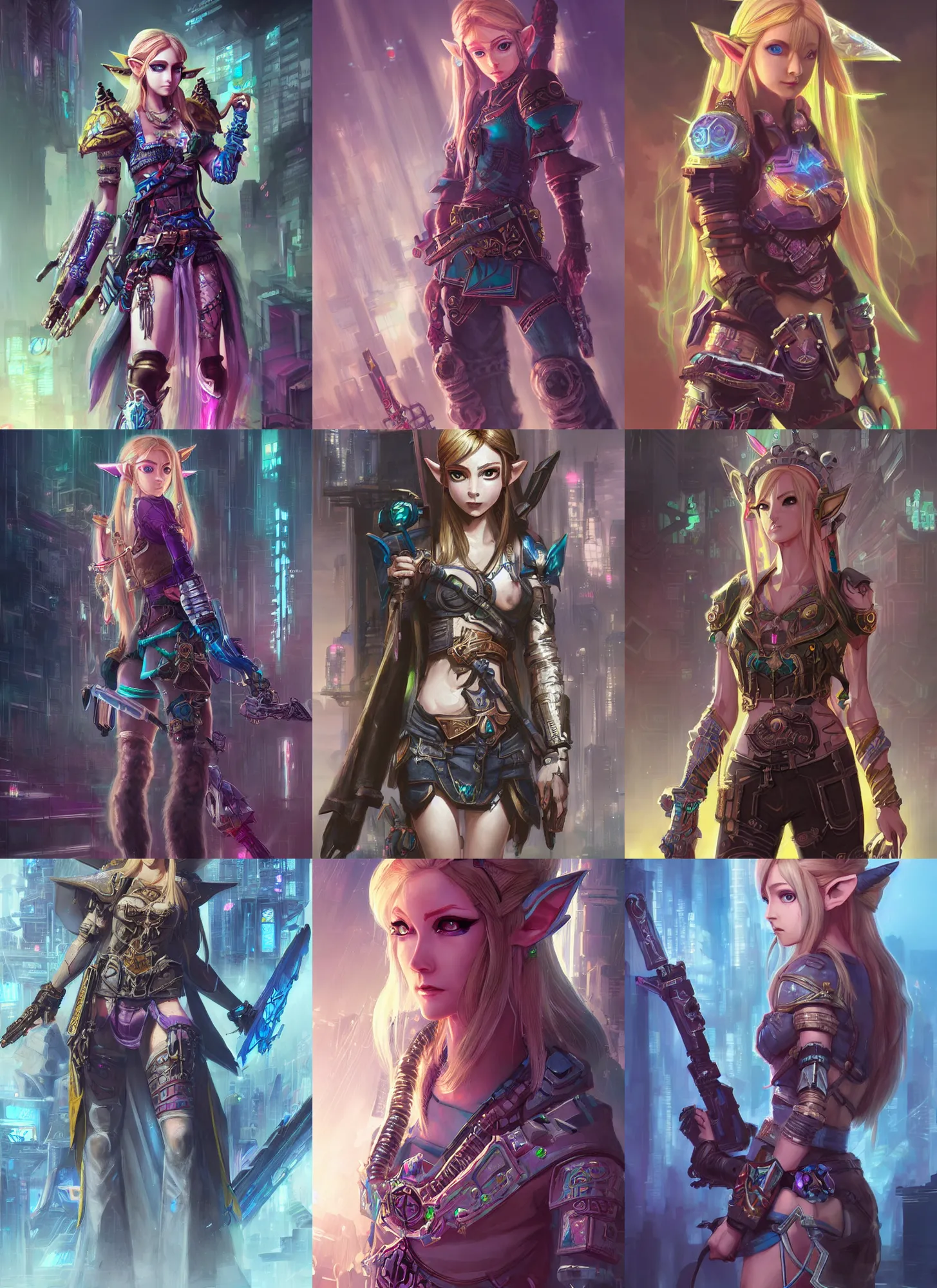 Prompt: Detailed masterpiece concept art of Cyberpunk Princess Zelda detailed concept art by Ross Tran, high quality DnD illustration, trending on ArtStation, all rights reserved Wizards of the Coast.