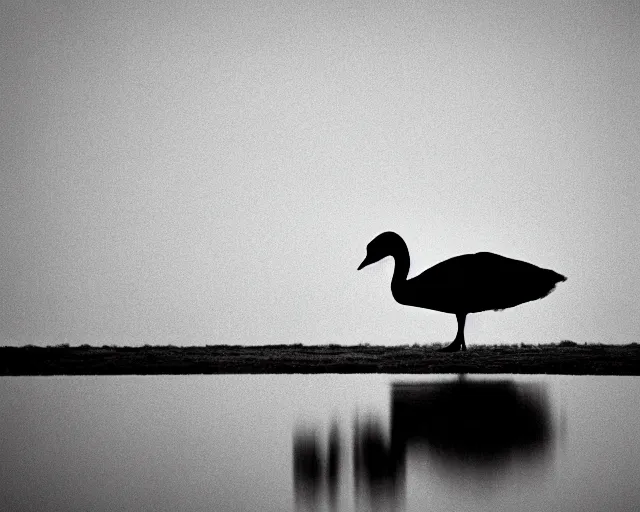 Prompt: black swan by Andrei Tarkovsky, mist, lake, lomography effect, photo, monochrome, photo blurring, 35mm