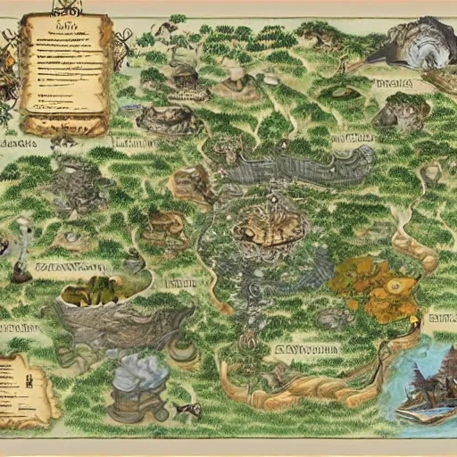 Image similar to an incredibly detailed map of a fantasy world with elaborate biomes and illustrations