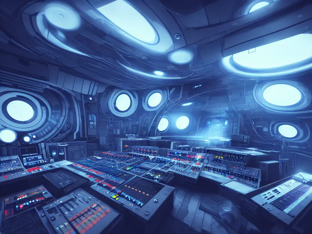 Prompt: a music studio inside a spaceship, artstation, volumetric light, high detail, reflections, perfect, concept art, hdr, 4 k