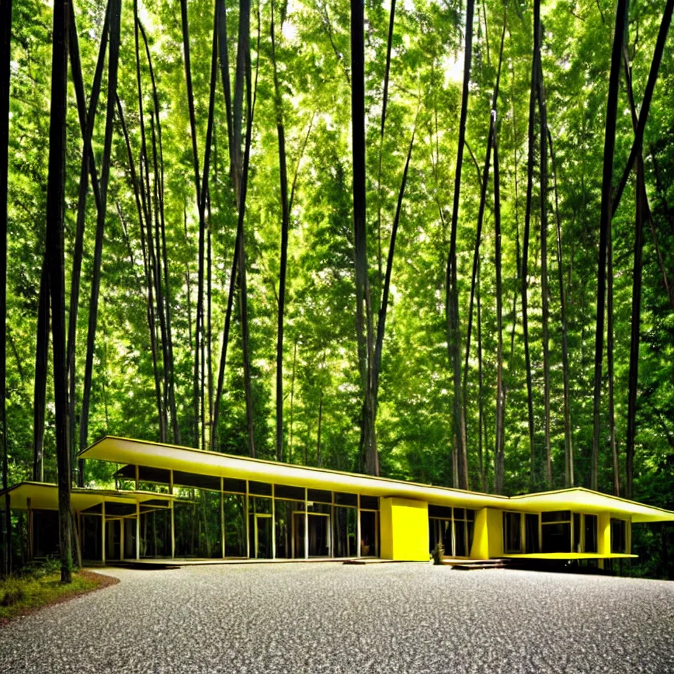 Image similar to a gravel road leading to a mid-century modern house with large windows in a forest, designed by Frank Gehry. Big tiles. Film grain, cinematic, yellow hue