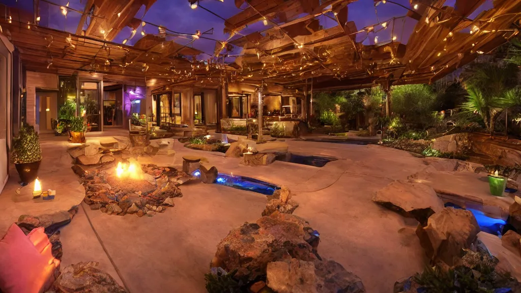 Prompt: party at midnight, in a modern house, peyote colors, fire pit, pool, hot tub, sauna, candles, people, cozy, warm, beautiful, cozy environment, ornate, intricate, glowing emitting light ornaments, 8 k, rule of thirds, cinematic, highly detailed, movie still