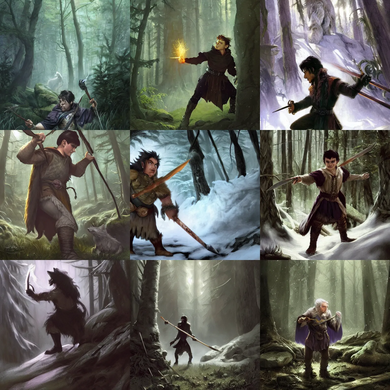 Prompt: half shot of an old halfling man with black spike hair, casting a powerful spell with his quarterstaff, in a forest, strong, following him is a snow white wolf cub, d & d, fantasy, highly detailed, digital painting, artstation, concept art, character art, art by greg rutkowski and tyler jacobson and alphonse mucha