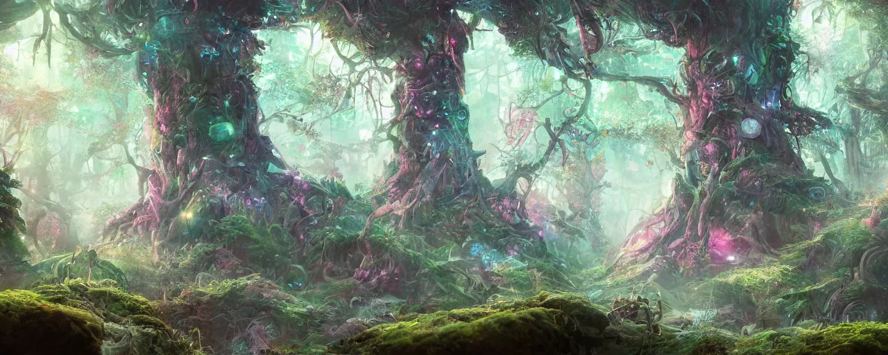 Image similar to detailed concept art illustration colorful pastel painting of a magical sci-fi fantasy forest in full intricate detail, ultra detailed, digital art, octane render, 4K, dystopian, micro details