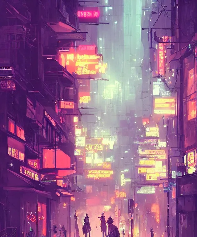 Prompt: street from paris or neo tokyo , humid ground, people and creatures walking holding neon ombrellas, volumetric light, bokeh light from top, science fiction elements like droids or big computer screens, brutalist architecture, rainy mood, artstation, art pascal campion