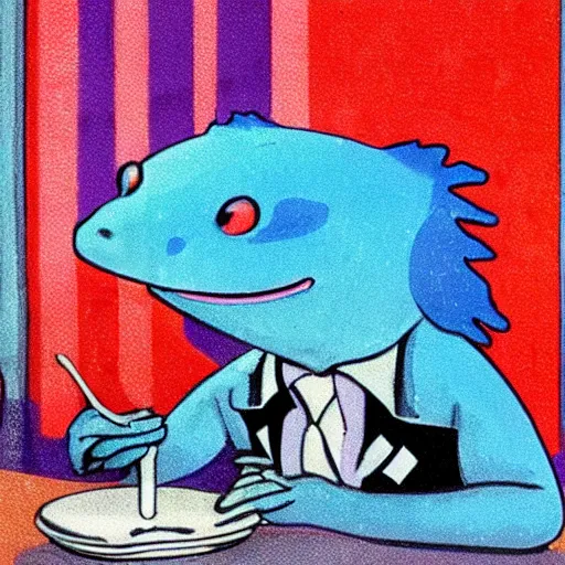 Prompt: a blue axolotl in a black suit sipping coffee in a 1950's American diner. vivid colors. illustrated. high detail.