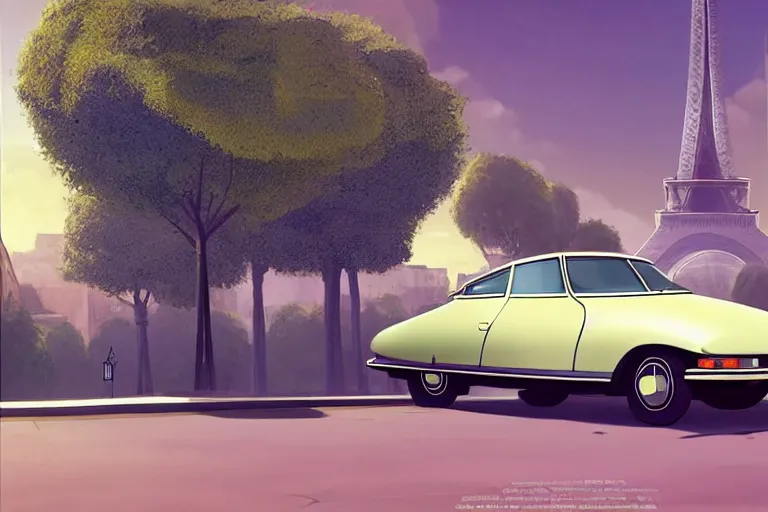 Image similar to a wholesome animation key shot of!! one!! focused! 1 9 7 4 citroen ds! in a tree lined paris street, view of eiffel tower, medium shot, studio ghibli, ( pixar ) and disney animation, sharp, very detailed, high resolution, rendered in unreal engine 5, anime key art by greg rutkowski, bloom, dramatic lighting