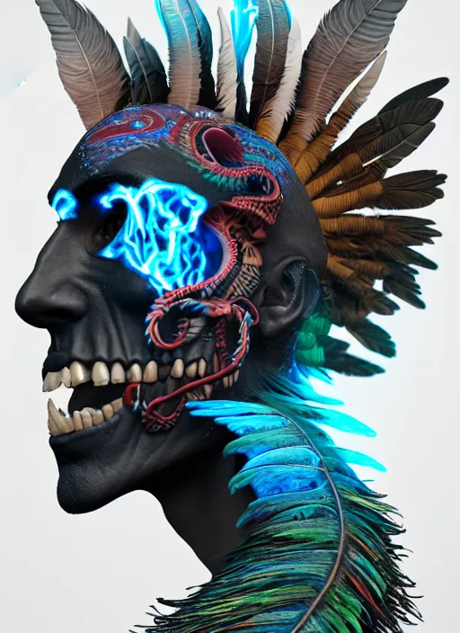 Image similar to 3 d shaman with tattoos profile portrait, sigma 5 0 0 mm f / 5. beautiful intricate highly detailed quetzalcoatl skull and feathers. bioluminescent, plasma, lava, ice, water, wind, creature, thunderstorm! artwork by tooth wu and wlop and beeple and greg rutkowski, 8 k trending on artstation,