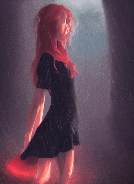 prompthunt: anime girl walks in lingerie and pantyhose in the rain with an  umbrella, red curly hair in pigtails with an elastic band, rain, full HD, 8k