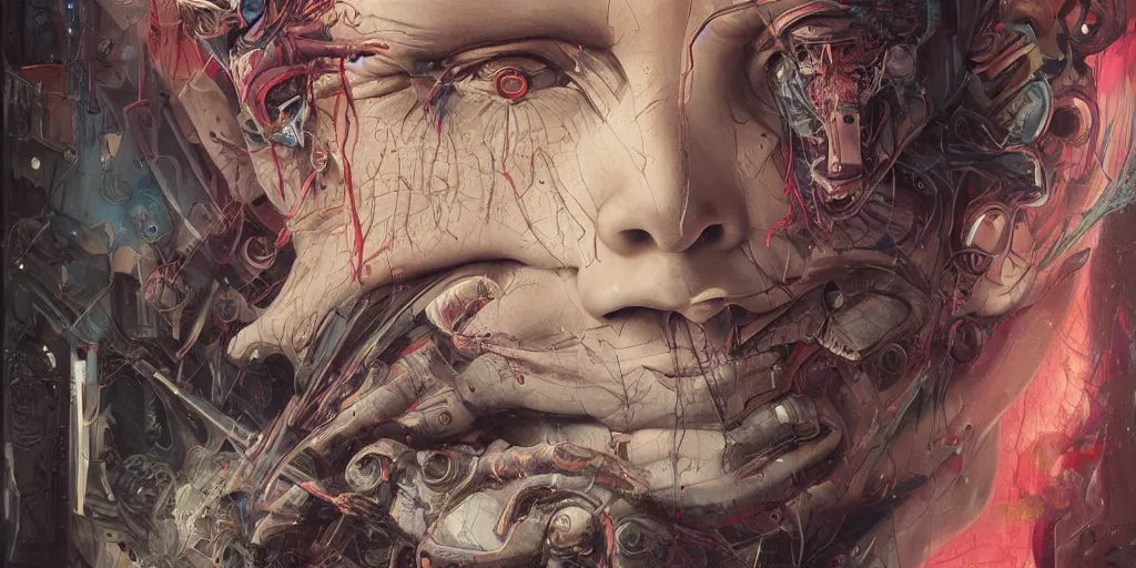 Image similar to portrait of a man in a secret society,8k,by tristan eaton,Stanley Artgermm,Tom Bagshaw,Greg Rutkowski,Carne Griffiths, Ayami Kojima, Beksinski, Giger,trending on DeviantArt,face enhance,hyper detailed,minimalist,cybernetic, android, blade runner,full of colour, super detailed