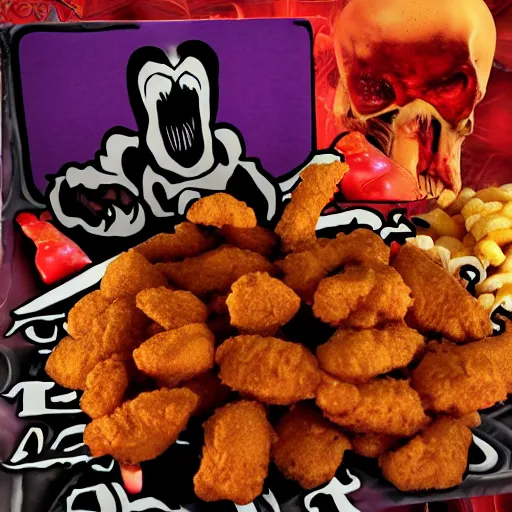 Image similar to grimace reaper, blood and nuggets fast food death metal album cover