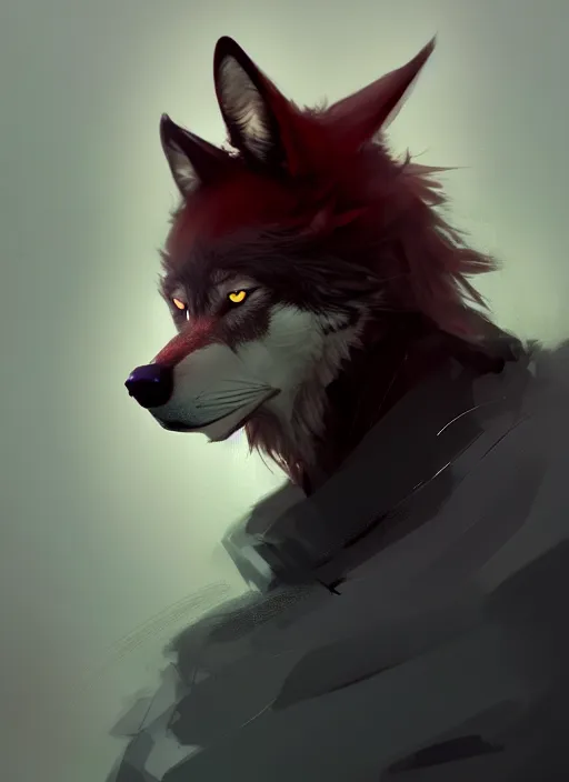 Prompt: award winning portrait of a male anthropomorphic dark gray wolf red hair. character design by cory loftis, fenghua zhong, ryohei hase, ismail inceoglu and ruan jia. artstation, artistic lighting, highly detailed, photorealistic, fantasy