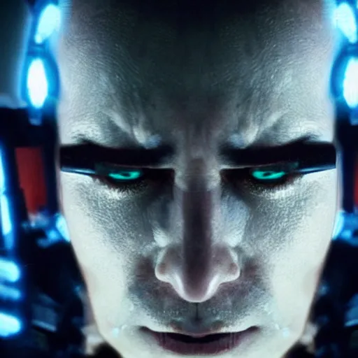 Image similar to movie still of a villain cyborg, facial expression, cinematic composition, cinematic light, by edgar allan poe