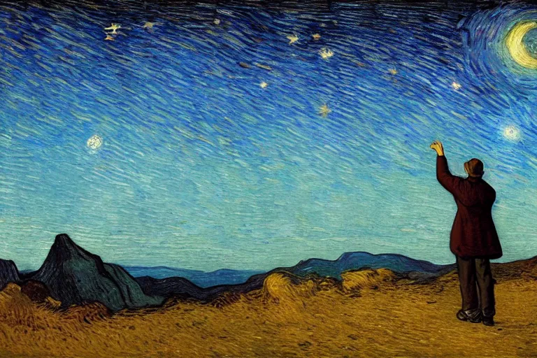 Image similar to a person looking at the night sky with clouds and stars, colorful, beautiful, national geographic, very detailed, astrophotography, cinematic lighting, oil painting, canvas, Theodor Kittelsen, Vincent van Gogh