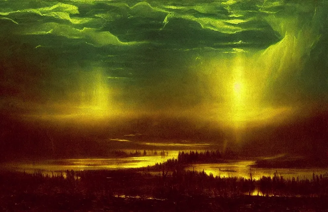 Prompt: the curve of a line can convey energy queen of heaven painting by albert bierstadt intact flawless ambrotype from 4 k criterion collection remastered cinematography gory horror film, ominous lighting, evil theme wow photo realistic postprocessing rising up out of marshes divisionism painting by caspar david frederich