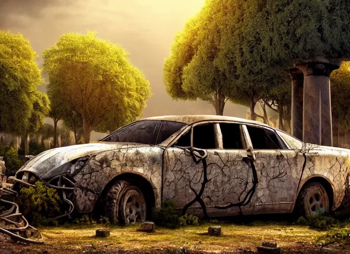 Image similar to a tree growing on a scrap car in ancient greek ruins, gray wasteland, many scrap cars, overgrown, pillars and arches, colorful flowers, vines, hyperrealistic, highly detailed, cinematic, ray of golden sunlight, beautiful, cgsociety, artstation, 8 k, pixar style by tristan eaton, artgerm, tom bagshaw