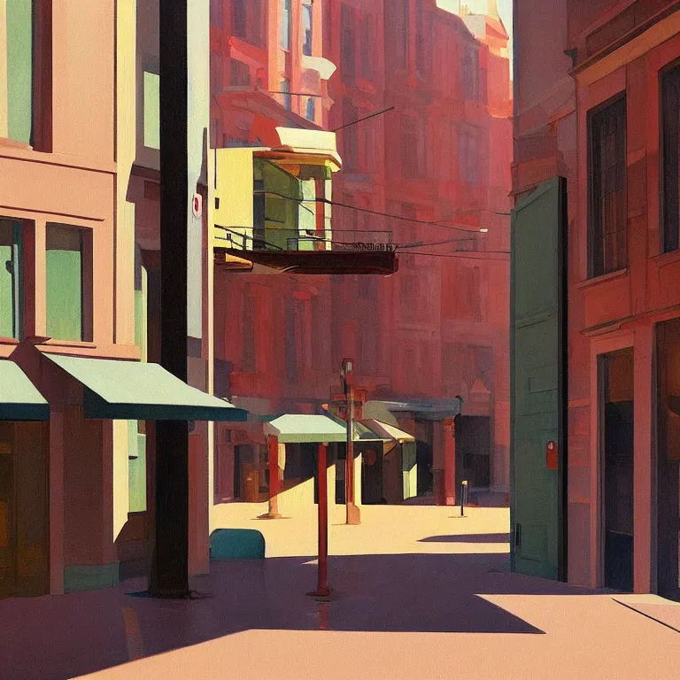 Image similar to morning flood in an empty city, , painted by Edward Hopper, painted by James Gilleard, airbrush