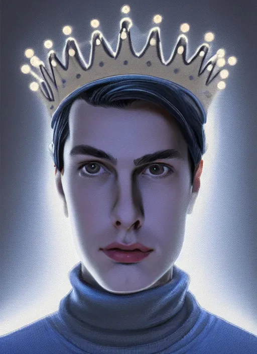 Image similar to portrait of teenage jughead jones wearing a light grey crown, crown, blue turtleneck, 1 9 5 0 s, closed eyes, photorealistic, black hair, glowing lighting, intricate, elegant, glowing lights, highly detailed, digital painting, artstation, concept art, smooth, sharp focus, illustration, art by wlop, mars ravelo and greg rutkowski