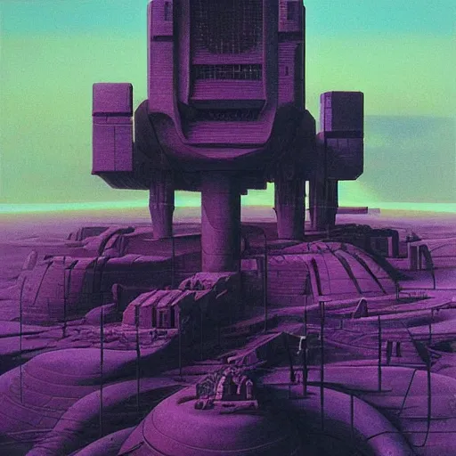 Prompt: painting of a syd mead scifi ancient civilzation brutalist architecture, purple sun, beksinski