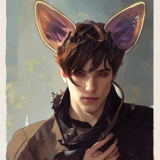 Image similar to Portrait of a pretty fantasy catboy with cat ears. Art by Greg Rutkowski and Alphonse Mucha