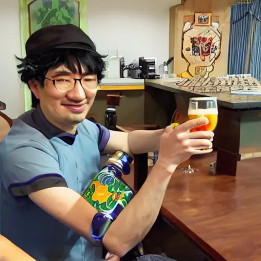 Prompt: touhou project creator and video game designer zun drinking a beer