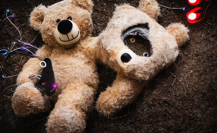 Prompt: laying teddy bear, dirty fur, robotic, sad eyes, hole in fabric, wires coming out, circuit, electricity, mud, outdoor, dirt, neon lights, glow sticks, realistic photography