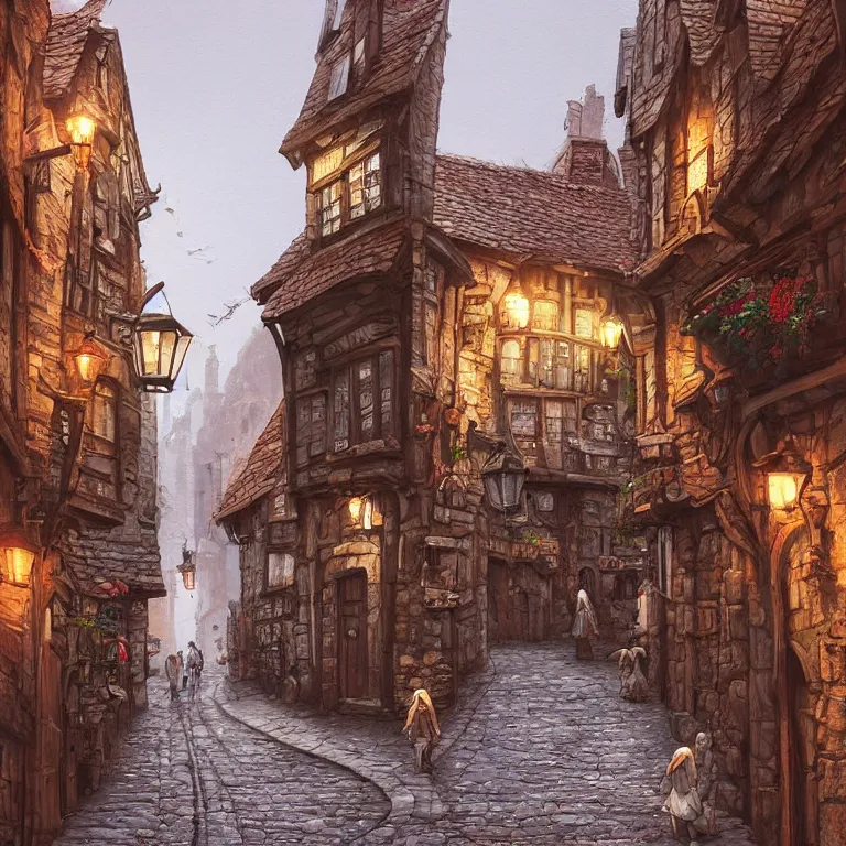 Image similar to a busy fantasy street looking down one street within a fascinating old city, quirky shops, narrow streets, old buildings, cobblestones on the ground, stone steps, street life, by Sylvain Sarrailh, single street, cinematic, simple but effective composition, clean lines, beautiful digital painting, oil painting, detailed, dungeons and dragons, lord of the rings