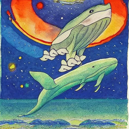 Image similar to a whale watching a spaceship fly down toward the ocean, watercolor by Louis William Wain,