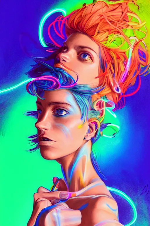 Image similar to a award winning full body portrait of a beautiful woman with stunning eyes in a one off shoulder croptop and cargo pants with rainbow colored hair, outlined by whirling illuminated neon lines and fine lines swirling in circles by jesper ejsing and rhads and makoto and shinkai and lois van baarle, digital art, trending on artstation