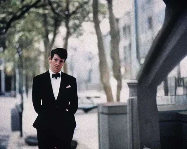 Image similar to a lomographic photo of very confident man in formal cloth, year 1 9 7 0, cinestill, bokeh