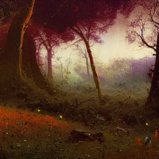 Image similar to A lovely picture of an alien landscape with mycelium aliens by John Berkey, by George Inness, by john Harris, forest made out of mushroom, purple and red and white gradient colour theme, trending on DeviantArt, rendered in blender, 8k resolution, Mountains, no green