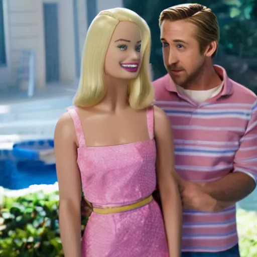 Image similar to still of ryan gosling and margot robbie, in barbie movie