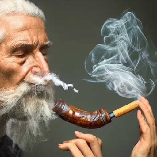 Image similar to wise old man, half face young, long white hair made of smoke coming out from a smoking pipe, meditation, photorealistic, intricate, elegant, hamingway.