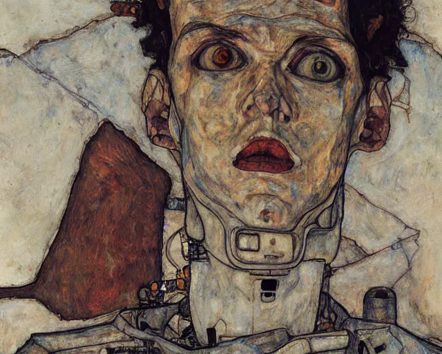 Image similar to portrait of a robot by egon schiele in the style of greg rutkowski