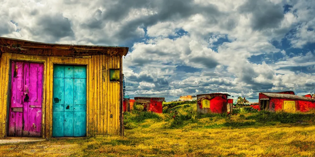 Prompt: An epic wide shot of a surreal landscape of vibrant rolling hills with doors of various shapes, sizes and colors, wood, peeling paint, metal, fantasy, summer, flowers