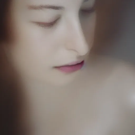 Image similar to photorealistic portrait of a beautiful young woman, very blurry, out of focus, translucent stone white skin, closed eyes, foggy, closeup