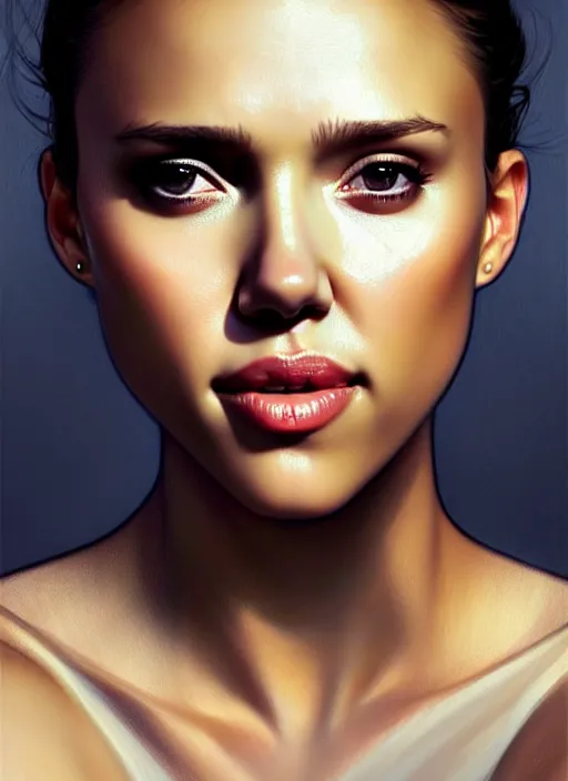 Image similar to half Jessica Alba half Nathalie Portman half scarlett johansonna pure seductive angel, full body portrait, slight smile, diffuse natural sun lights, autumn lights, highly detailed, digital painting, artstation, concept art, sharp focus, illustration, art by wlop and greg rutkowski and alphonse mucha and artgerm