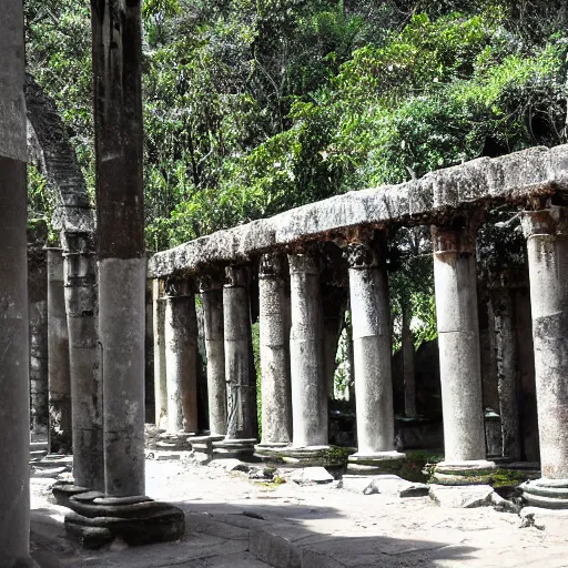 Prompt: the colonnade of the ancient cathedral in the jungle, death