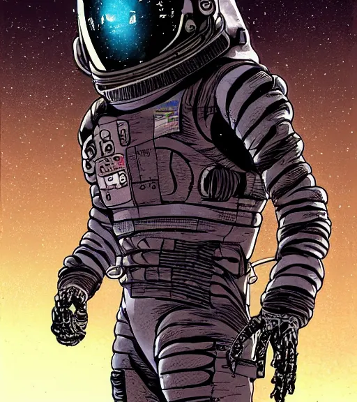 Prompt: a dead space astronaut with long limbs on a spacewalk outside of their ship, techwear, Industrial Scifi, detailed illustration, character portrait, by Martin Grip and Moebius